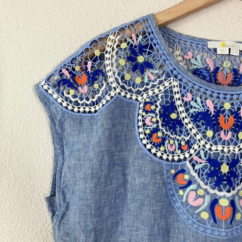 BODEN Linen Dress 10R Embroidered Crochet Lace Boho Shift Blue Summer Floral - Picture 8 of 10